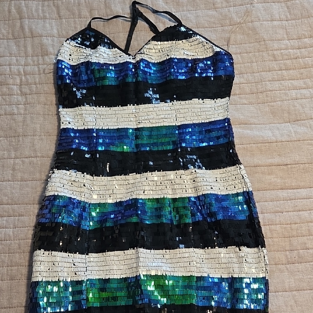 Elegant Sequin Halter Dress - Black, Blue, Green